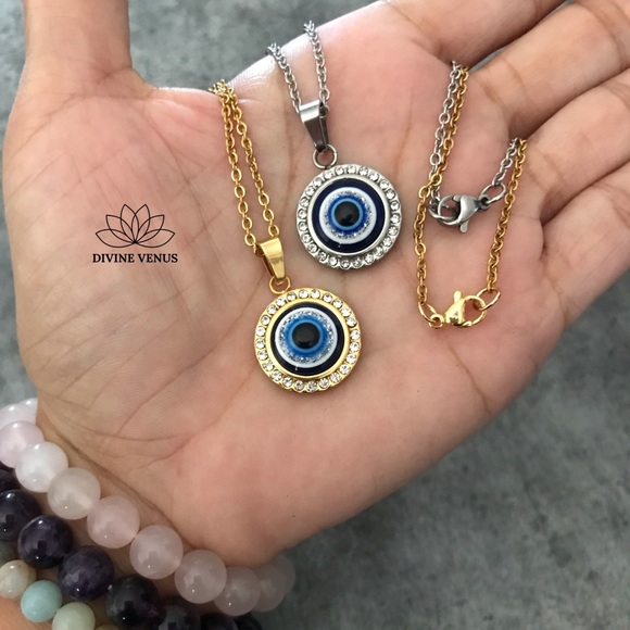 Evil Eye Round Pendant Stainless Steel Necklace - Picture 8 of 8